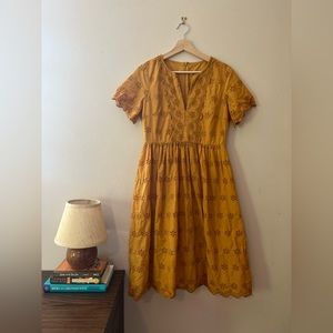 Warm yellow/gold Madewell scalloped eyelet midi dress